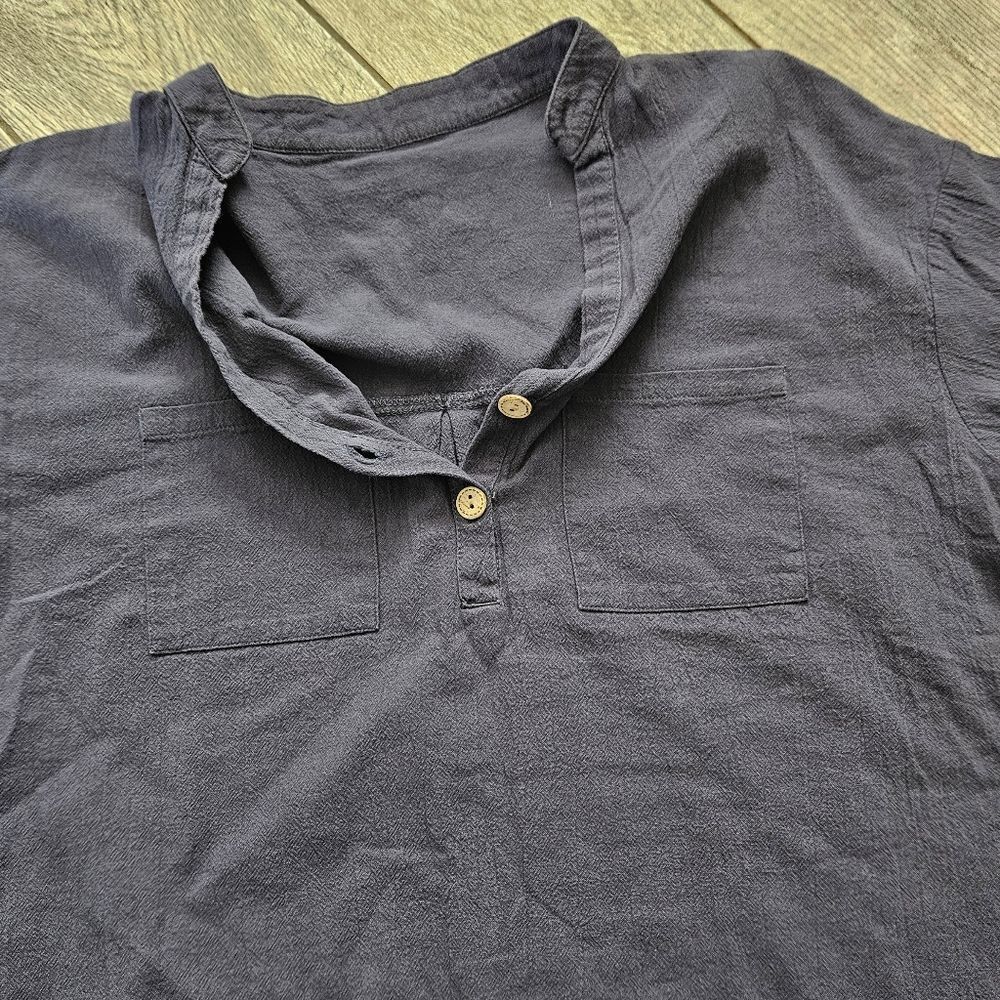 Navy Blue Linen Blend Short Sleeve Shirt - Picture 4 of 7